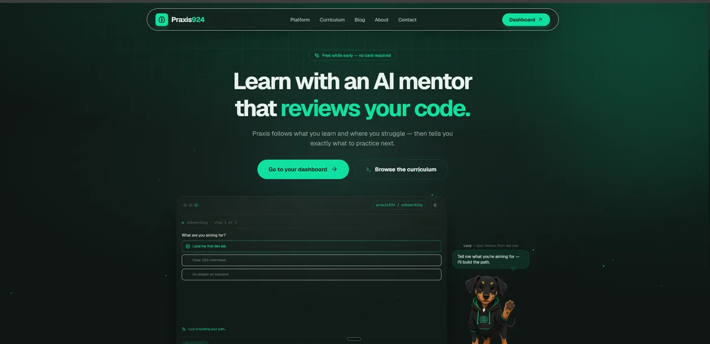 Praxis924 landing page: 'Learn with an AI mentor that reviews your code'